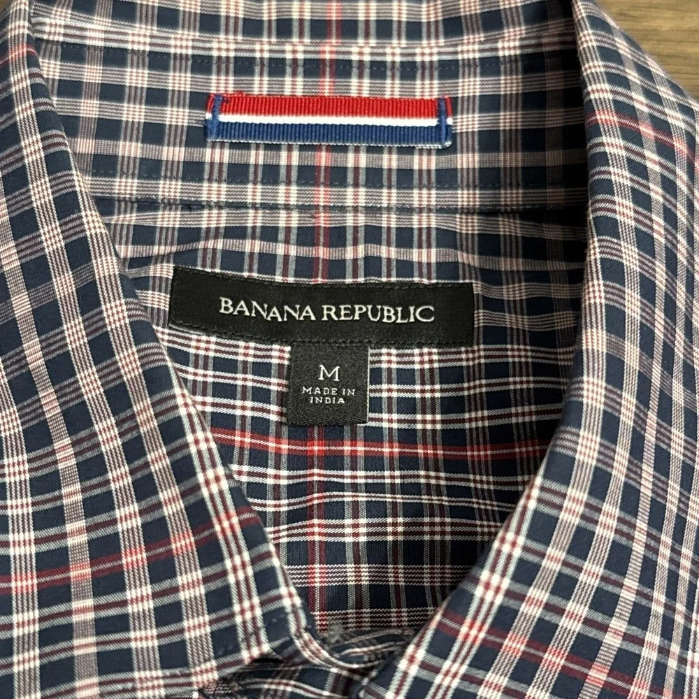 Banana Republic‎ Shirt Men's Medium Blue Red Plaid Pearl Snap Western Rockabilly
